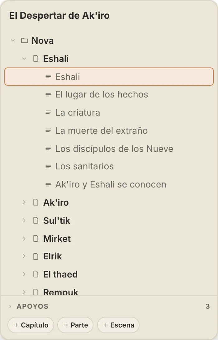 El árbol de la obra en QuillSong: partes, capítulos y escenas, reordenables