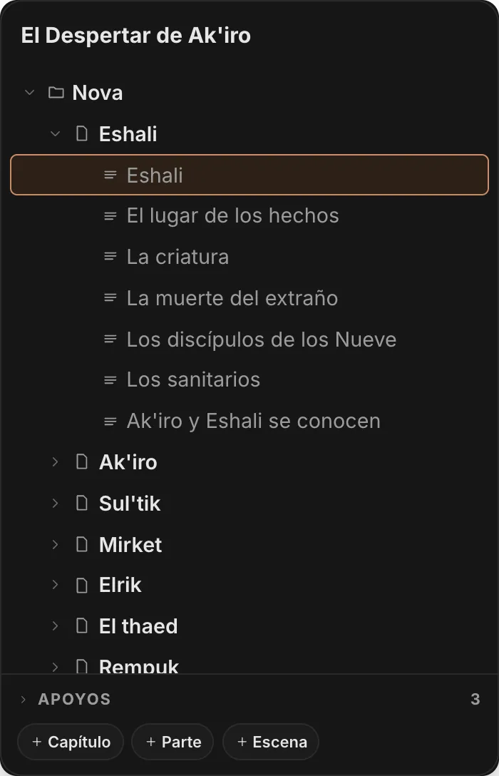 El árbol de la obra en QuillSong: partes, capítulos y escenas, reordenables