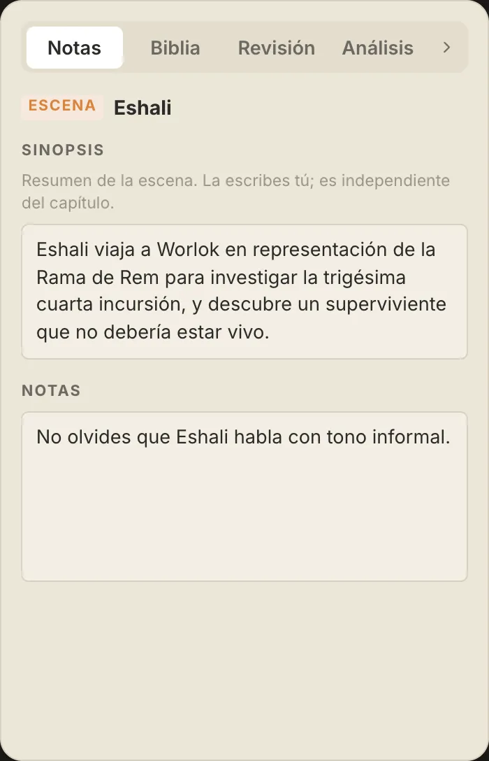 El panel de notas de QuillSong, con la sinopsis y las notas de la escena
