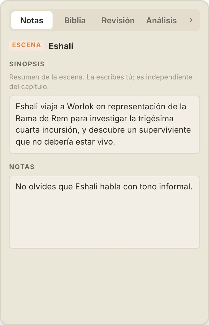 El panel de notas de QuillSong, con la sinopsis y las notas de la escena