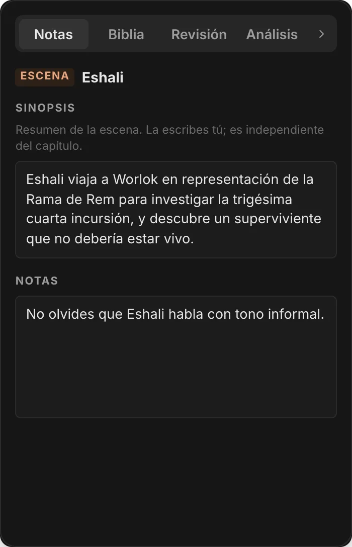 El panel de notas de QuillSong, con la sinopsis y las notas de la escena