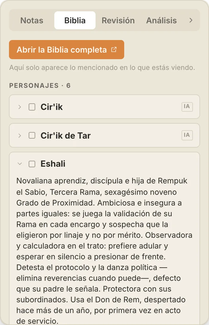 La biblia de QuillSong, con las fichas de los personajes