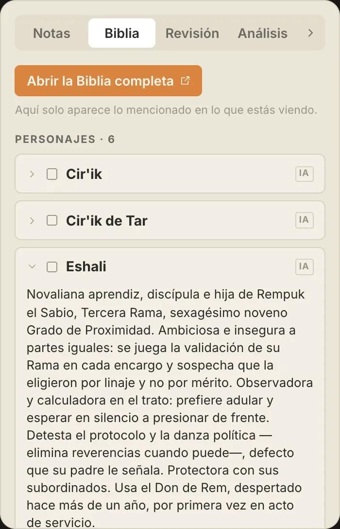La biblia de QuillSong, con las fichas de los personajes