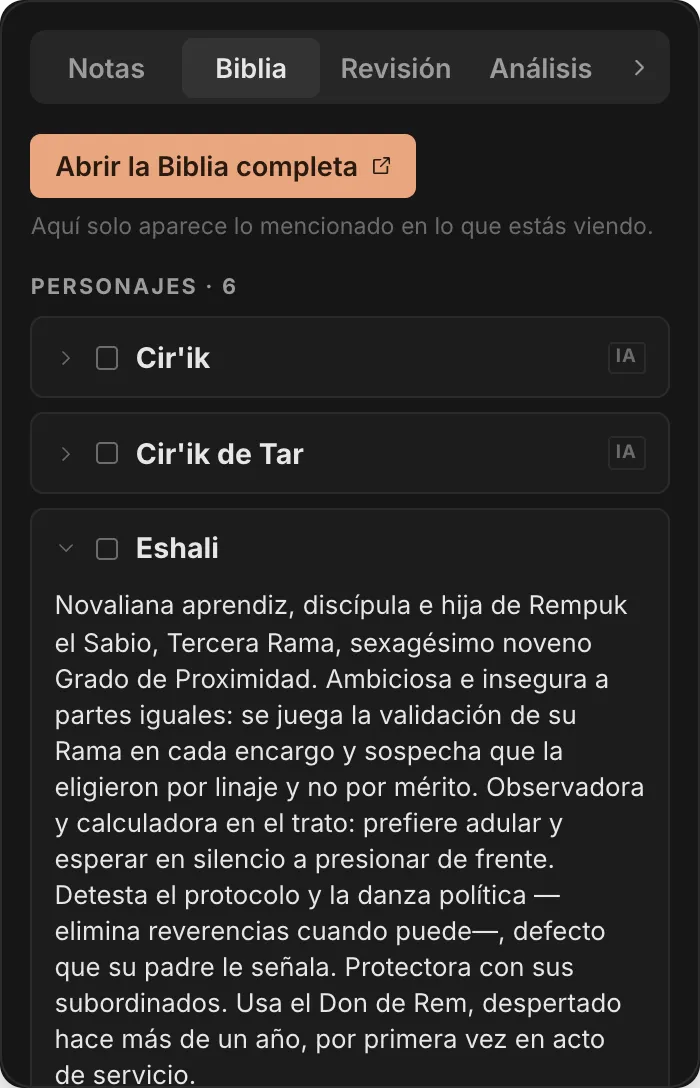 La biblia de QuillSong, con las fichas de los personajes