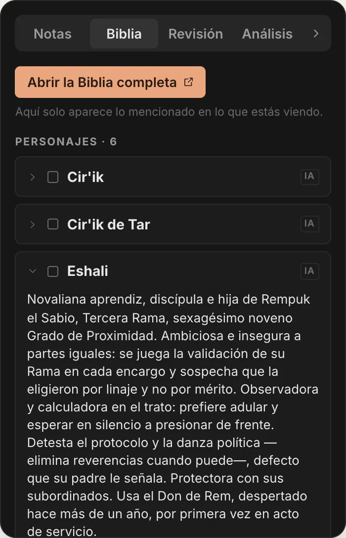 La biblia de QuillSong, con las fichas de los personajes