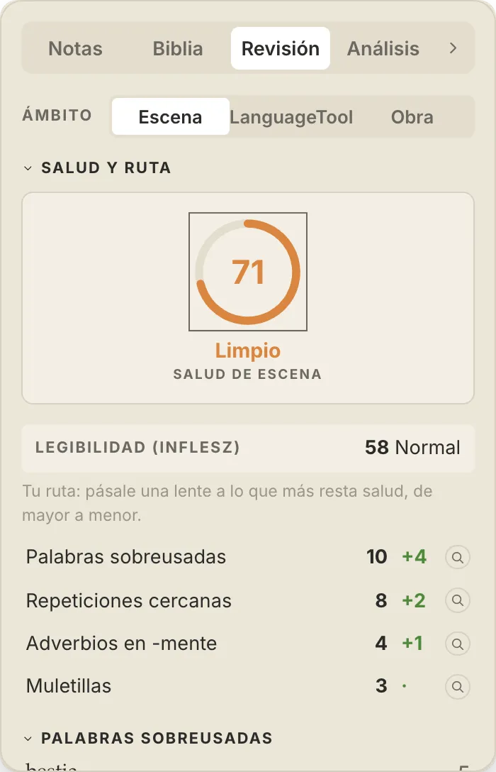 El panel del revisor de QuillSong: salud de la escena, ruta de trabajo y palabras sobreusadas