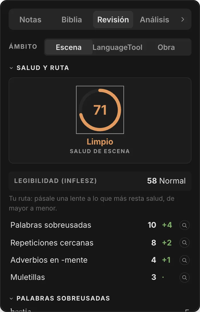 El panel del revisor de QuillSong: salud de la escena, ruta de trabajo y palabras sobreusadas