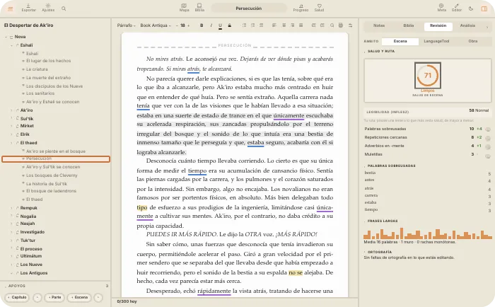 La ventana completa de QuillSong: el árbol, el manuscrito con las marcas y el panel del revisor