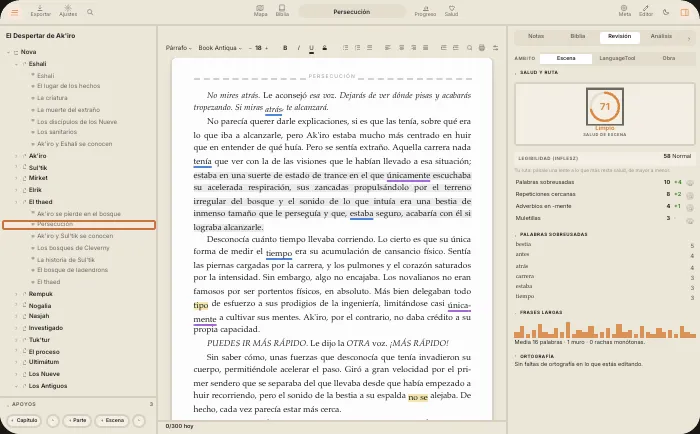 La ventana completa de QuillSong: el árbol, el manuscrito con las marcas y el panel del revisor