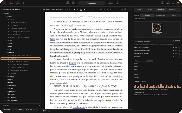 La ventana completa de QuillSong: el árbol, el manuscrito con las marcas y el panel del revisor
