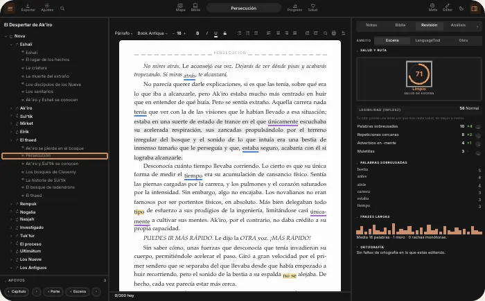 La ventana completa de QuillSong: el árbol, el manuscrito con las marcas y el panel del revisor