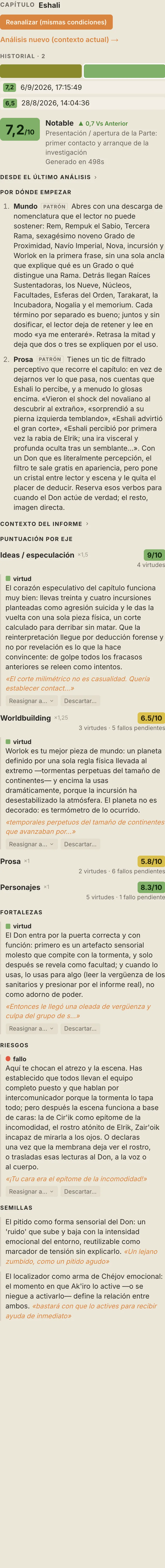 El informe del analista de QuillSong, de arriba abajo: veredicto, por dónde empezar, puntuación por eje, fortalezas, riesgos y semillas