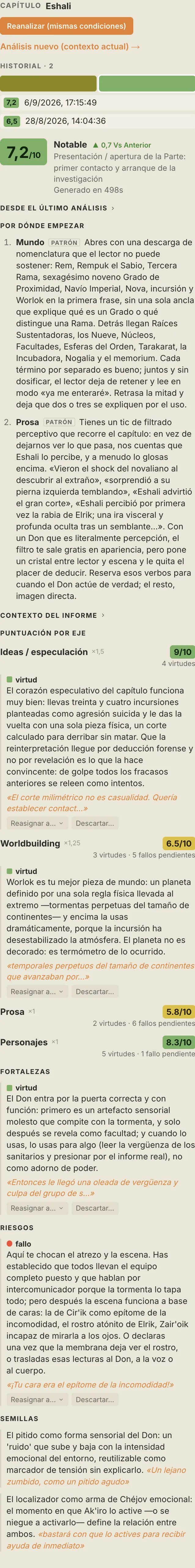 El informe del analista de QuillSong, de arriba abajo: veredicto, por dónde empezar, puntuación por eje, fortalezas, riesgos y semillas