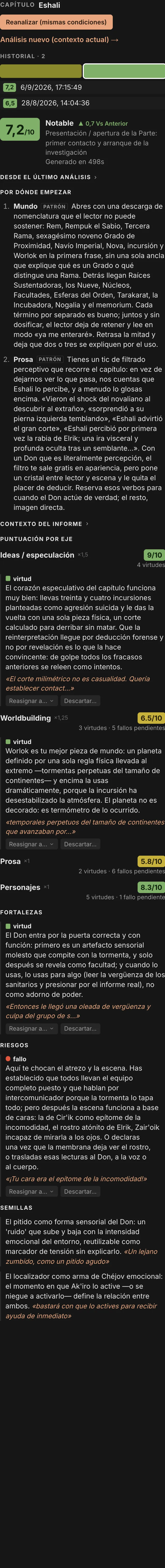 El informe del analista de QuillSong, de arriba abajo: veredicto, por dónde empezar, puntuación por eje, fortalezas, riesgos y semillas