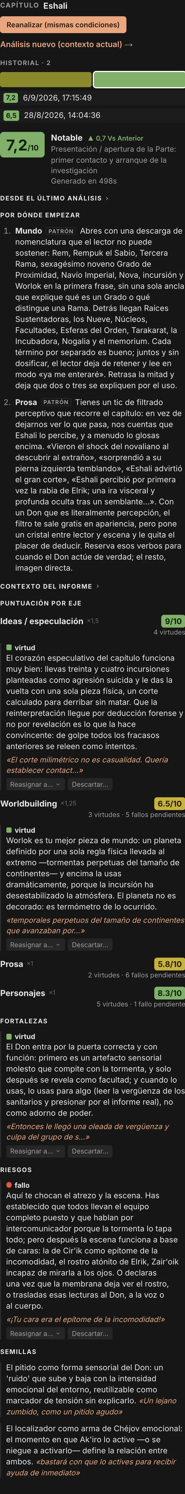 El informe del analista de QuillSong, de arriba abajo: veredicto, por dónde empezar, puntuación por eje, fortalezas, riesgos y semillas