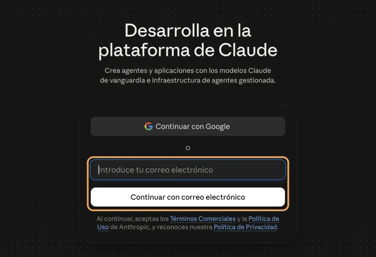 La pantalla de entrada de la consola de Anthropic, con el campo del correo y el botón «Continuar con correo electrónico» señalados
