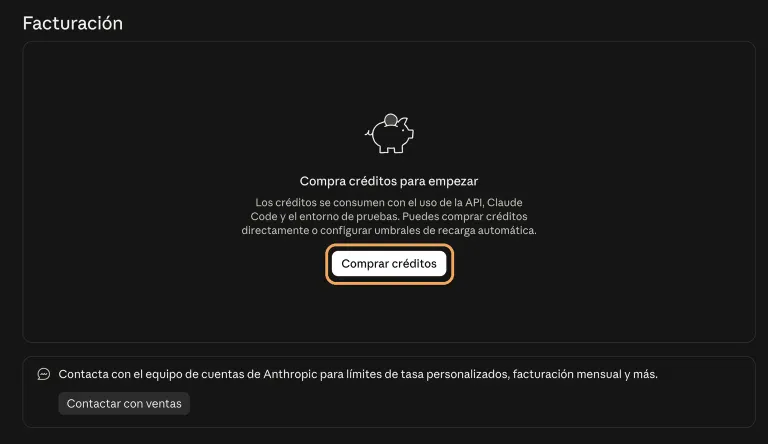 El apartado Facturación de la consola de Anthropic, con el botón «Comprar créditos» señalado