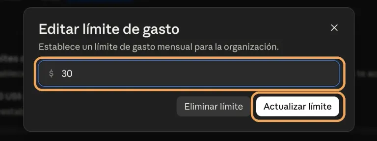 El diálogo «Editar límite de gasto», con el campo del importe (30 dólares) y el botón «Actualizar límite» señalados