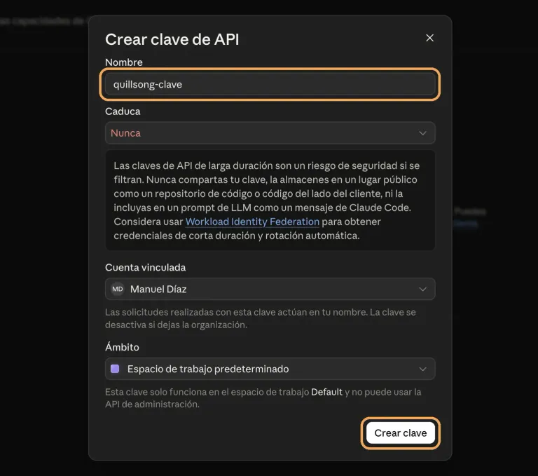 El diálogo «Crear clave de API», con el campo del nombre (quillsong-clave) y el botón «Crear clave» señalados