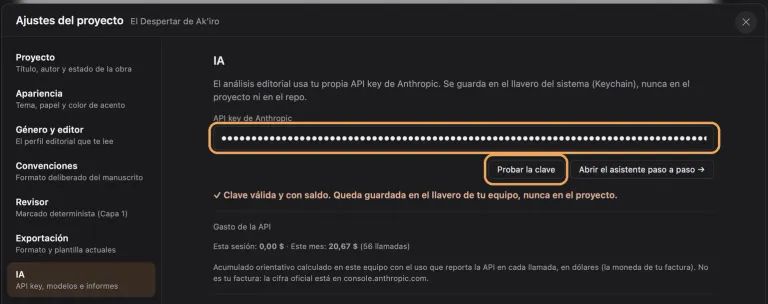 Ajustes del proyecto de QuillSong, apartado IA: el campo «API key de Anthropic» y el botón «Probar la clave» señalados, y el aviso «Clave válida y con saldo»