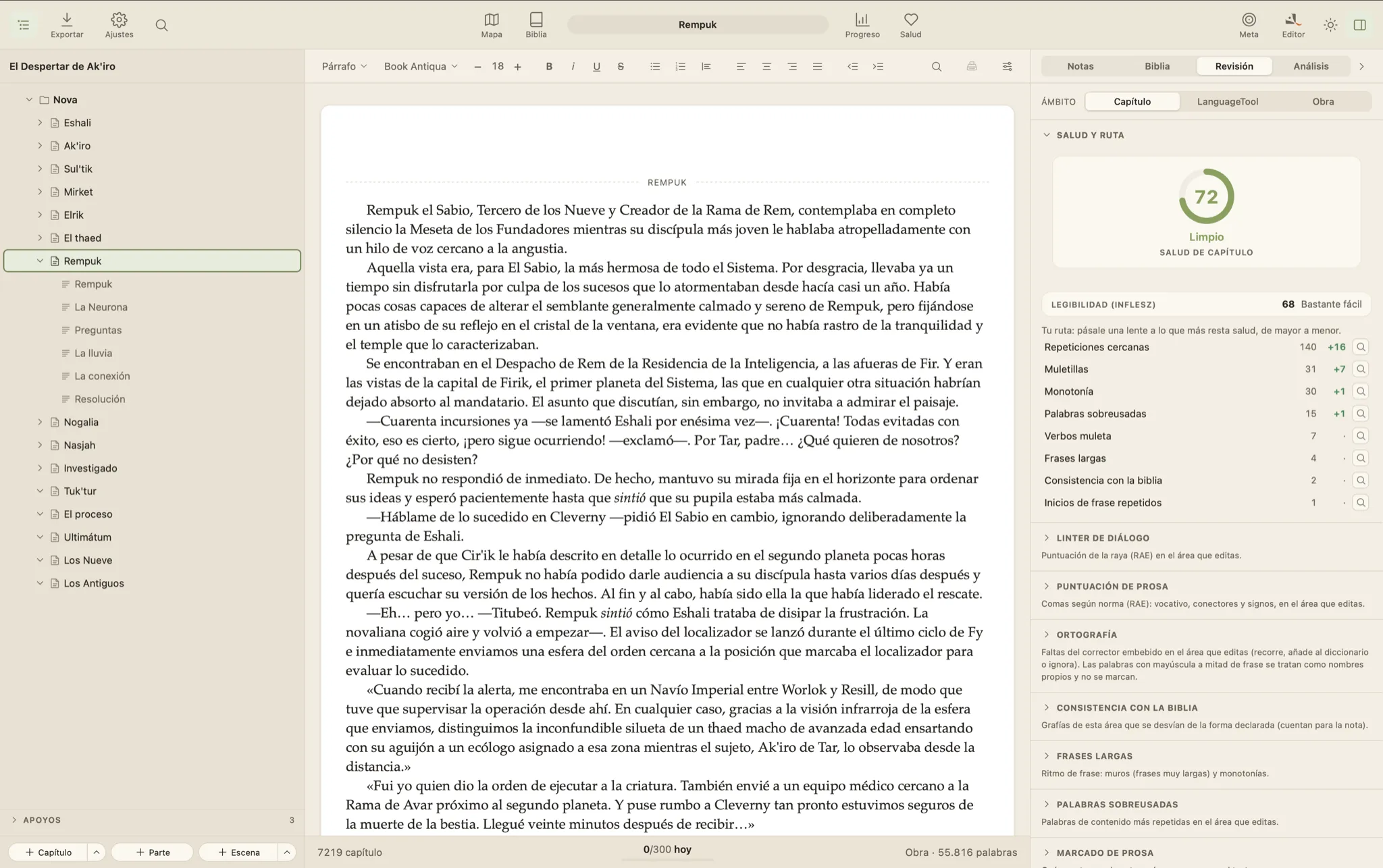 QuillSong en modo claro: el manuscrito y el panel de revisión