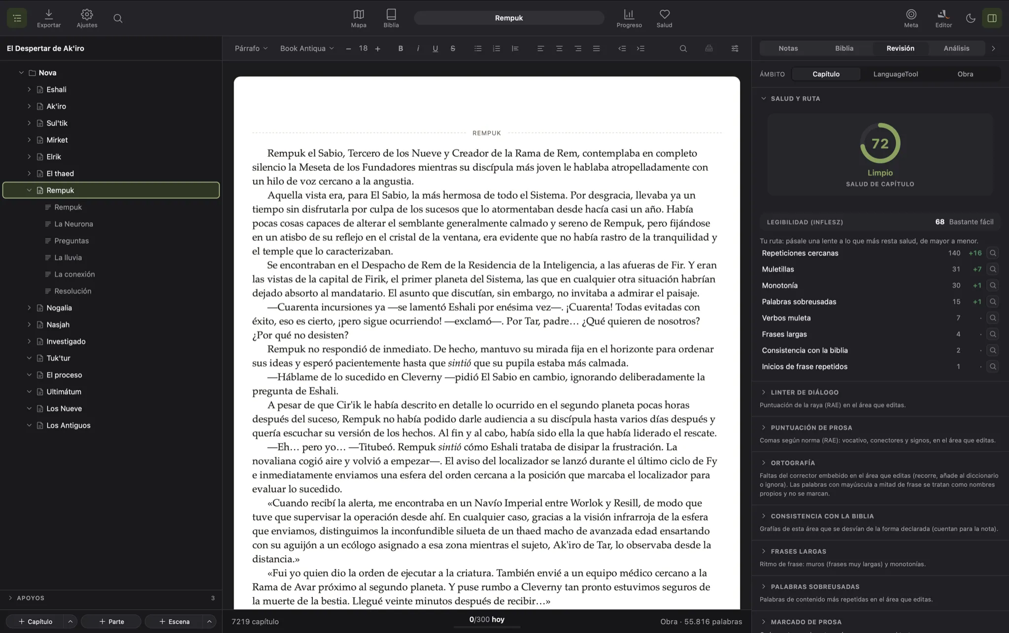 QuillSong en modo oscuro: el manuscrito y el panel de revisión